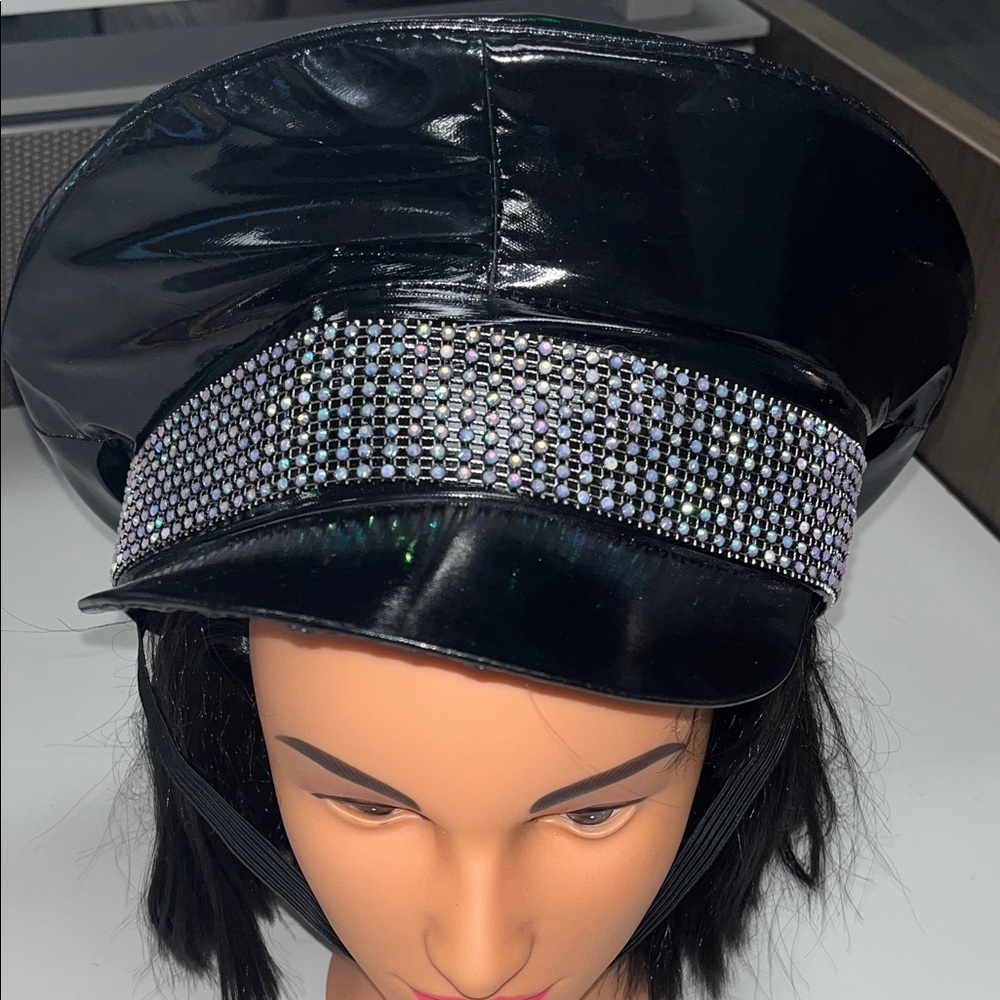 Leg Avenue Shiny faux leather Black Cap with Rhinestone Band & chin strap - Picture 1 of 9